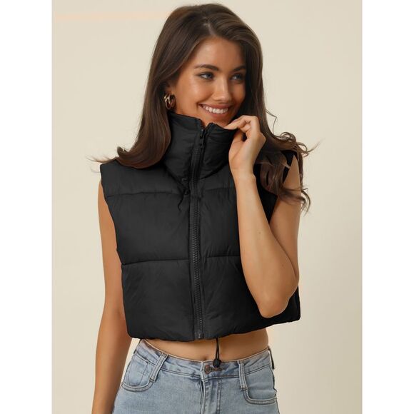 Crop Puffer Vest Lightweight Stand Collar Sleeveless Padded Gilet Coat Black - Picture 2 of 6
